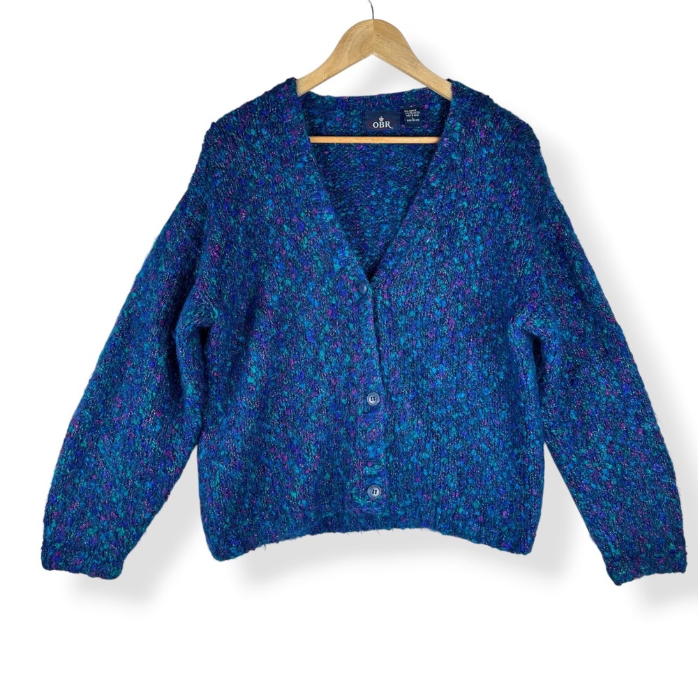 Vintage 90s OBR Cardigan Sweater Womens Size Large Mohair Blend Chunky Knit Twee